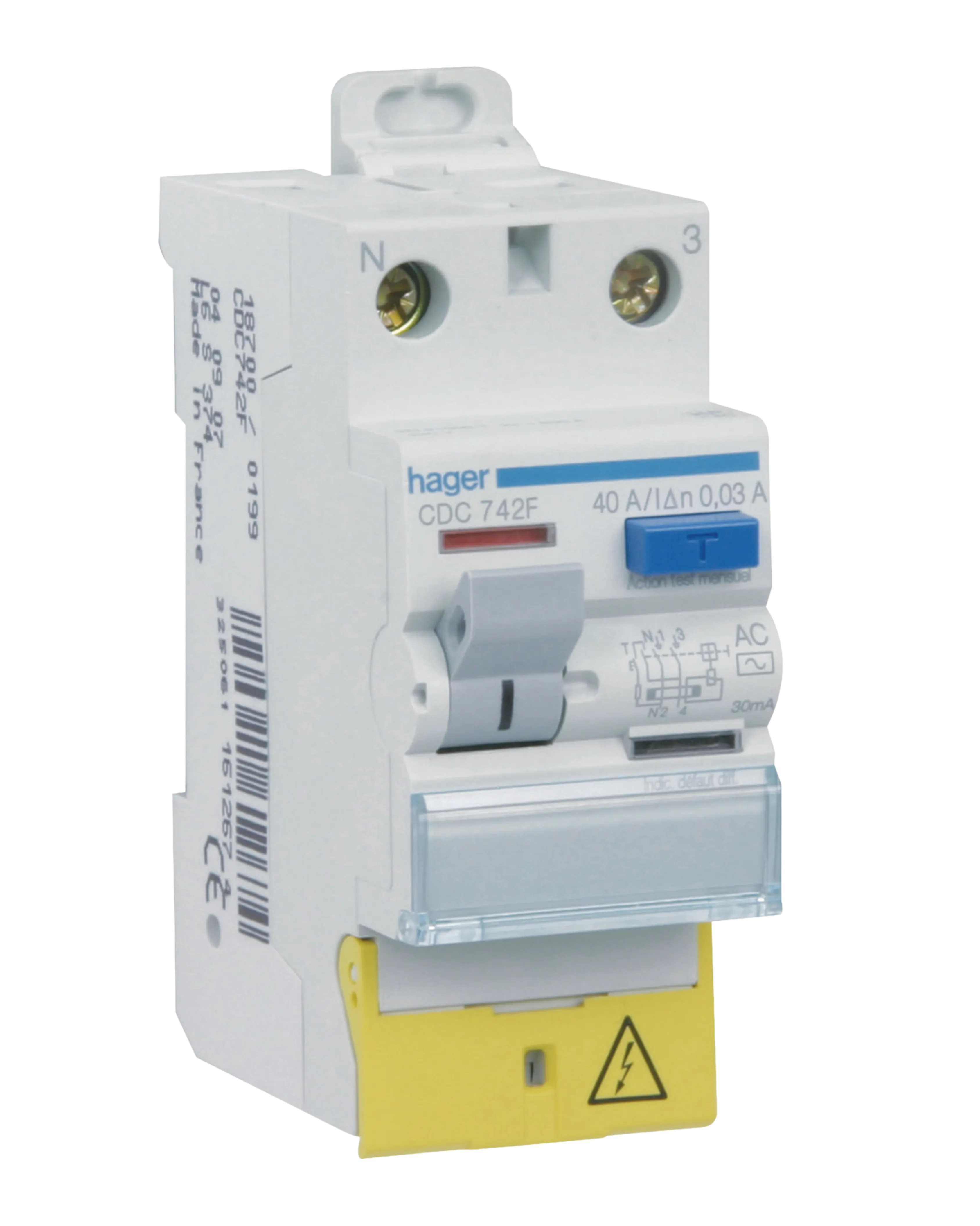 Hager CDC742F RCCB, 2P 40A 30mA Type AC Offset Terminals — Hager Drives – Motors – Circuits Protection